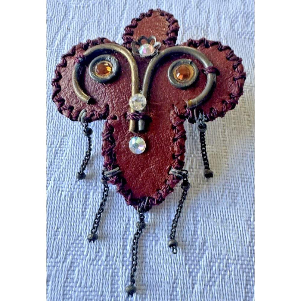 Vintage Handmade Leather Cross Brooch Artisan Boho Rhinestone Brass Tone Pin